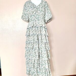 One Loved Babe Green Blue Floral Pleated Tiered Maxi Dress